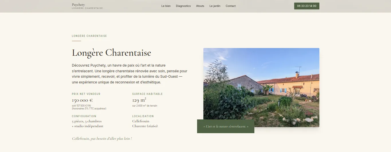 Hero de puychety.fr — longère charentaise, prix net vendeur et surface habitable