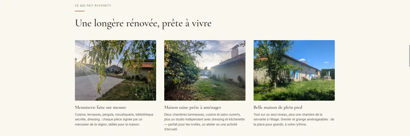 Section « Une longère rénovée, prête à vivre » — menuiserie sur mesure, maison saine, plein pied
