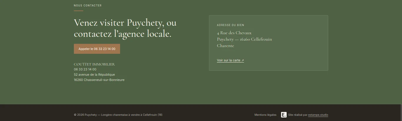 Section contact « Venez visiter Puychety » et pied de page du site